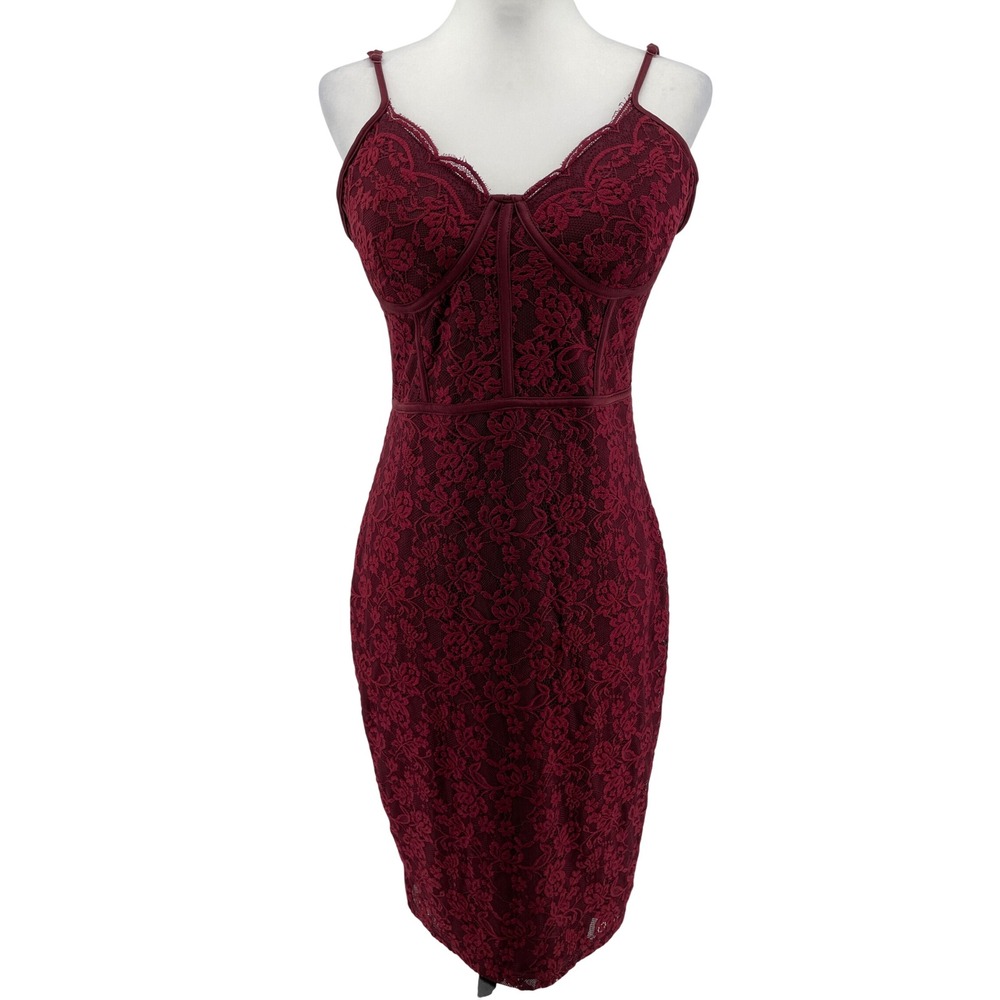 Lace Bodycon Dress Womens Large Burgundy Corset Whimsigoth Coquette Cocktail